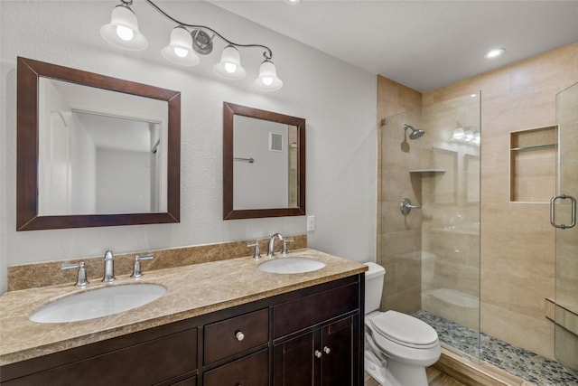 full bathroom with a shower stall, toilet, a sink, and double vanity