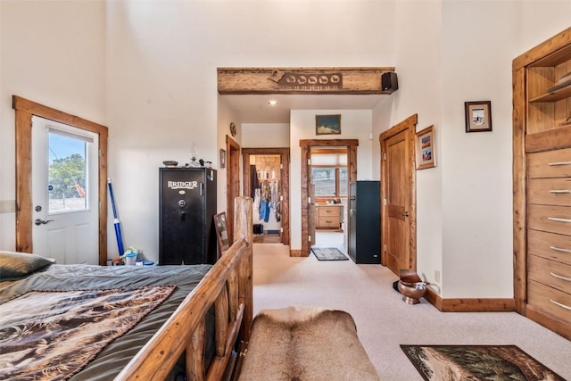 76 County Road 60b, Maybell, CO 81640 - bedroom with carpet flooring, a towering ceiling, multiple windows, and baseboards