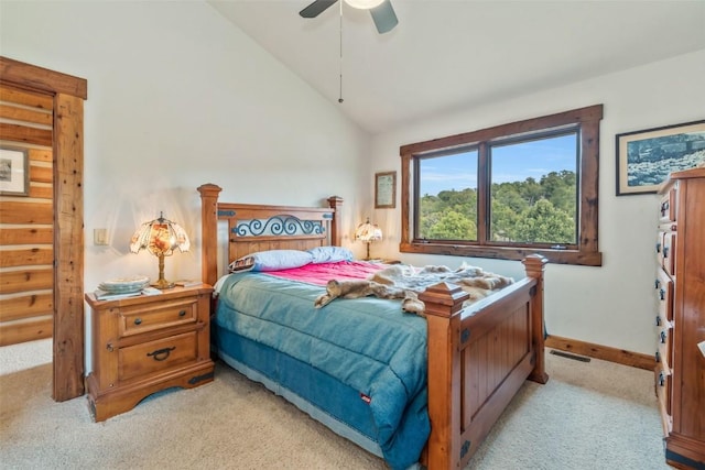 76 County Road 60b, Maybell, CO 81640 - bedroom featuring light colored carpet, vaulted ceiling, baseboards, and a ceiling fan