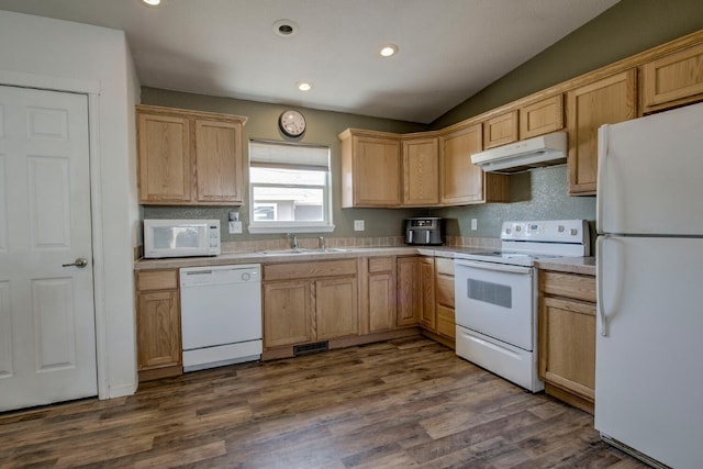 316 Stone Creek Dr, Fairplay, CO 80440 - kitchen with light brown cabinetry, under cabinet range hood, light countertops, a sink, and white appliances