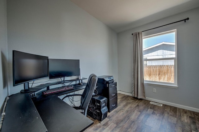 316 Stone Creek Dr, Fairplay, CO 80440 - office space with baseboards, wood finished floors, visible vents, and a healthy amount of sunlight
