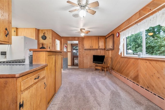 186 E Jefferson Ave, Hayden, CO 81639 - unfurnished living room featuring wood walls, light colored carpet, ceiling fan, and a baseboard radiator
