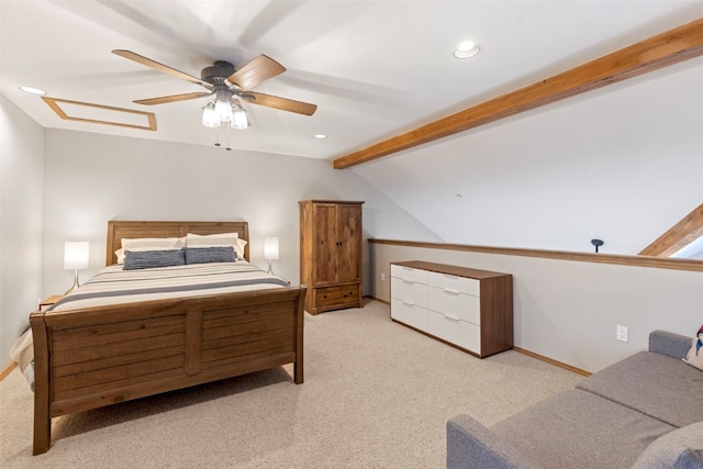 700 Lakepoint Dr Unit A10, Frisco, CO 80443 - bedroom with baseboards, ceiling fan, recessed lighting, vaulted ceiling with beams, and light colored carpet