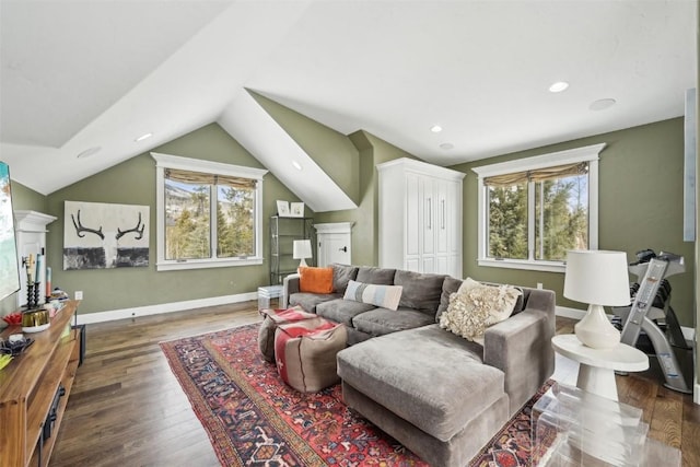 living area with baseboards, wood finished floors, a healthy amount of sunlight, and vaulted ceiling
