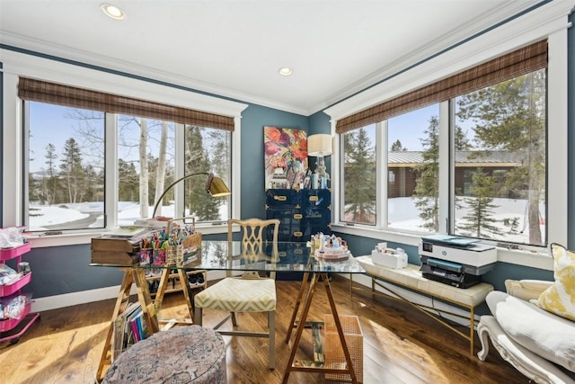 home office featuring baseboards, ornamental molding, wood finished floors, and a wealth of natural light