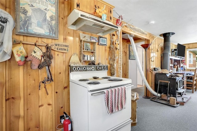 823 Gcr 8411, Tabernash, CO 80478 - kitchen featuring electric range, wooden walls, under cabinet range hood, carpet floors, and a wood stove