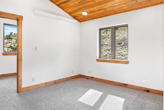 3415 Redhill Rd, Fairplay, CO 80440 - empty room featuring wood ceiling, vaulted ceiling, carpet floors, plenty of natural light, and baseboards