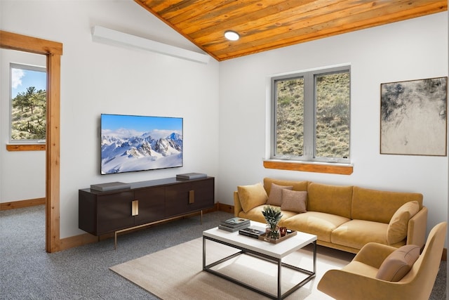 3415 Redhill Rd, Fairplay, CO 80440 - living area with wood ceiling, lofted ceiling, plenty of natural light, baseboards, and carpet