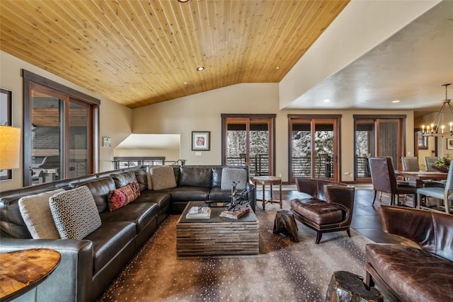 living room with wooden ceiling, an inviting chandelier, recessed lighting, and lofted ceiling