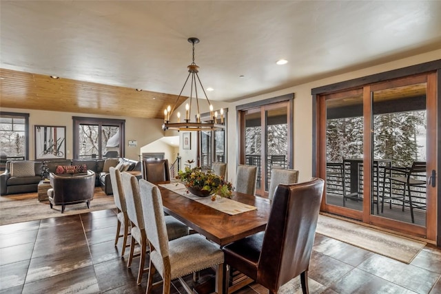 dining room featuring wood ceiling, a notable chandelier, and recessed lighting