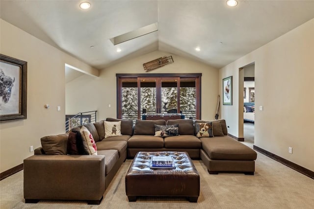 carpeted living room with recessed lighting, vaulted ceiling, and baseboards