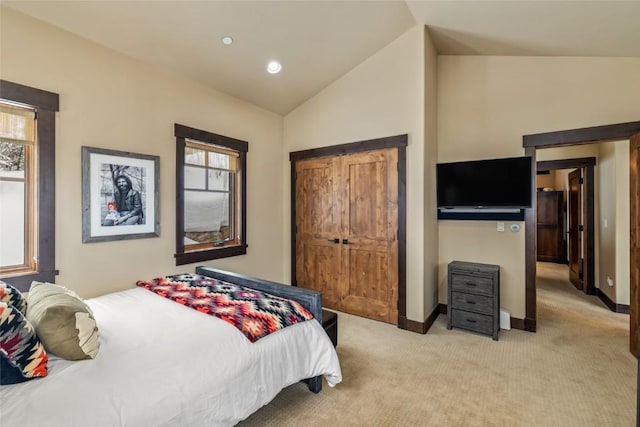 bedroom featuring vaulted ceiling, recessed lighting, baseboards, and light colored carpet