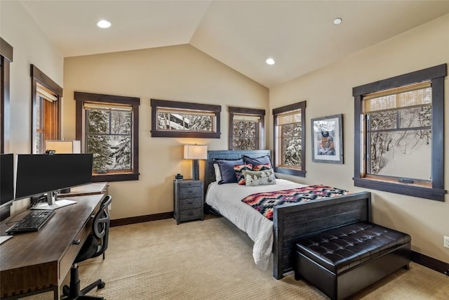 bedroom with lofted ceiling, light colored carpet, baseboards, and recessed lighting