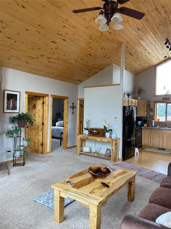 56 Apache Trl, Como, CO 80432 - living room featuring ceiling fan, wooden ceiling, high vaulted ceiling, and light colored carpet