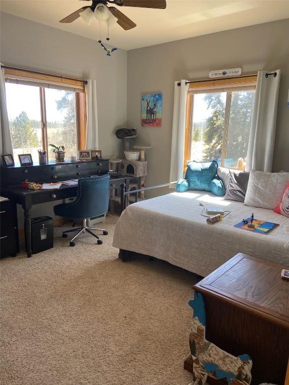 56 Apache Trl, Como, CO 80432 - bedroom featuring an office area, carpet flooring, and a ceiling fan