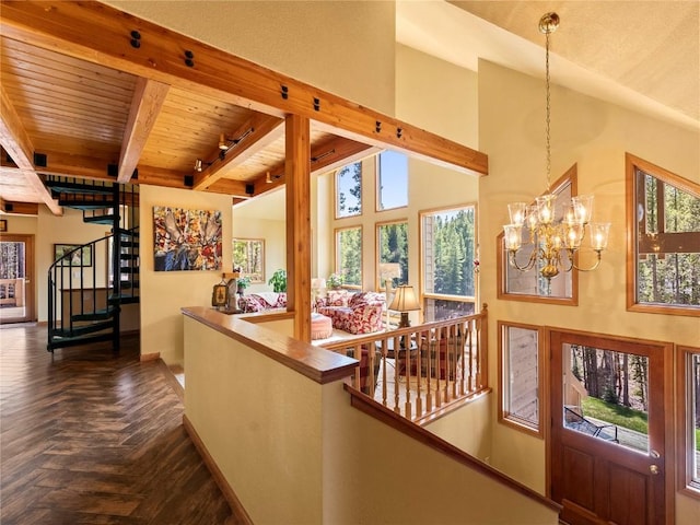 463 Blue Flag Cir, Breckenridge, CO 80424 - corridor featuring a chandelier, wooden ceiling with exposed beams, an upstairs landing, and baseboards
