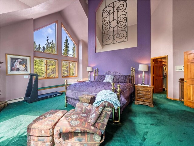 463 Blue Flag Cir, Breckenridge, CO 80424 - carpeted bedroom with high vaulted ceiling, a spacious closet, baseboards, and a baseboard heating unit