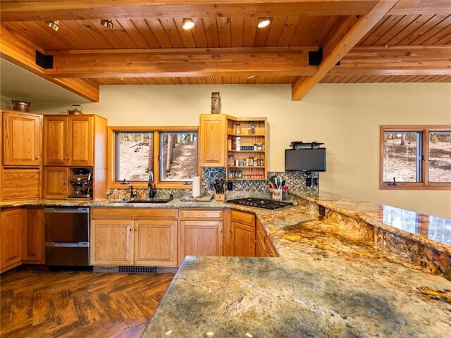 463 Blue Flag Cir, Breckenridge, CO 80424 - kitchen featuring appliances with stainless steel finishes, wooden ceiling with exposed beams, a sink, light stone counters, and open shelves