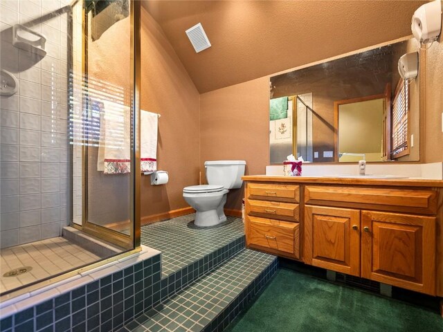 463 Blue Flag Cir, Breckenridge, CO 80424 - full bathroom with vaulted ceiling, toilet, a stall shower, and vanity