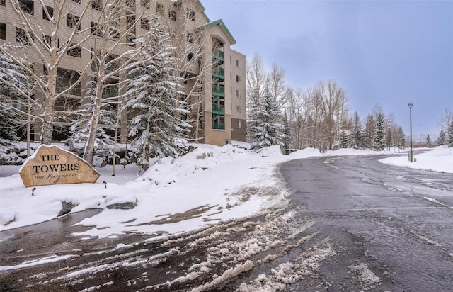 view of snow covered building