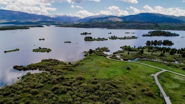 aerial view with a water and mountain view