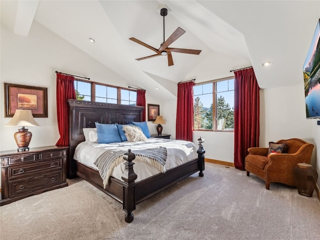 59 Mountain Bluebell Rd, Keystone, CO 80435 - carpeted bedroom featuring vaulted ceiling, multiple windows, baseboards, a ceiling fan, and recessed lighting