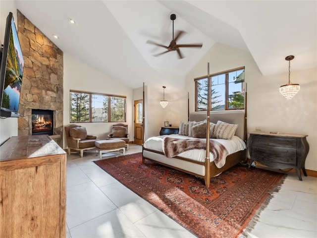 59 Mountain Bluebell Rd, Keystone, CO 80435 - bedroom with high vaulted ceiling, a stone fireplace, and ceiling fan