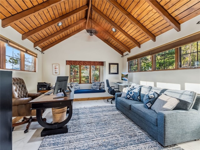 59 Mountain Bluebell Rd, Keystone, CO 80435 - living area with an office area, wooden ceiling with exposed beams, and high vaulted ceiling