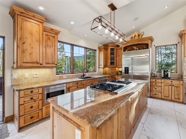 59 Mountain Bluebell Rd, Keystone, CO 80435 - kitchen with built in appliances, a sink, light marble finish flooring, tasteful backsplash, and recessed lighting