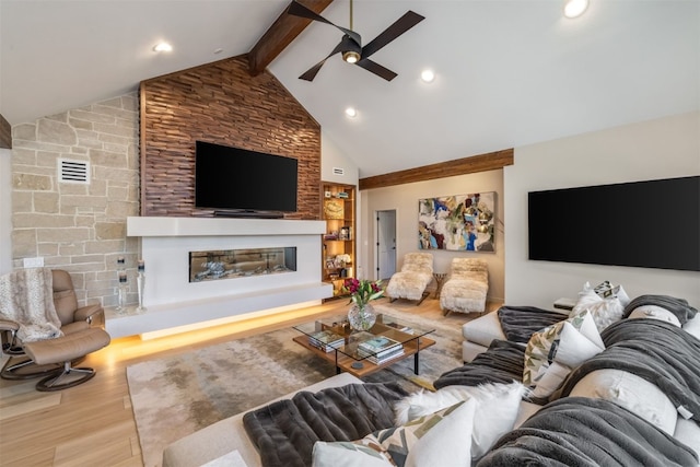 456 Forest Hills Dr, Breckenridge, CO 80424 - living room featuring a large fireplace, ceiling fan, wood finished floors, and recessed lighting