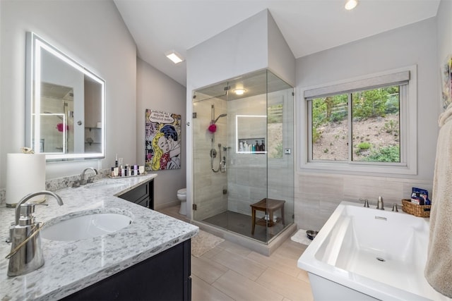 456 Forest Hills Dr, Breckenridge, CO 80424 - full bath featuring a shower stall, double vanity, a soaking tub, lofted ceiling, and tile patterned floors