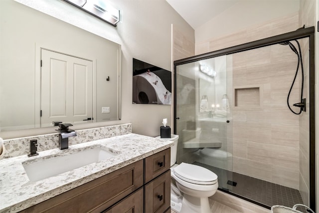 456 Forest Hills Dr, Breckenridge, CO 80424 - full bath with vanity, a stall shower, and lofted ceiling