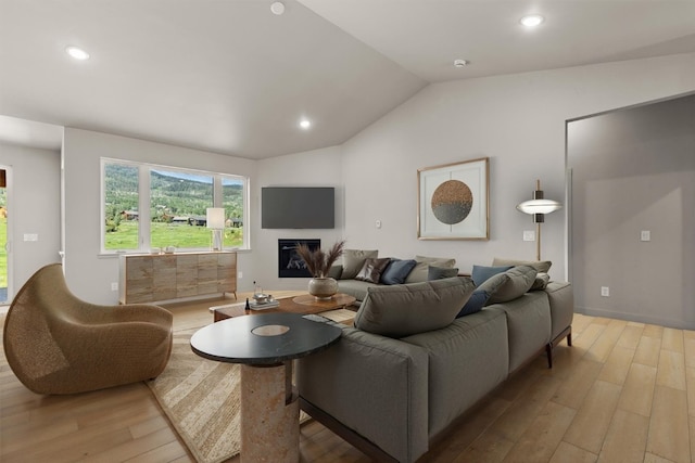 30350 Hostler Dr, Oak Creek, CO 80467 - living room featuring light wood-type flooring, lofted ceiling, and recessed lighting