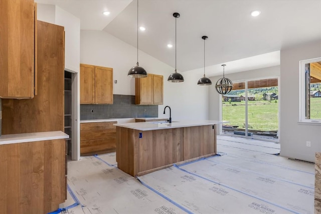 30350 Hostler Dr, Oak Creek, CO 80467 - kitchen featuring a sink, tasteful backsplash, a kitchen island with sink, decorative light fixtures, and recessed lighting