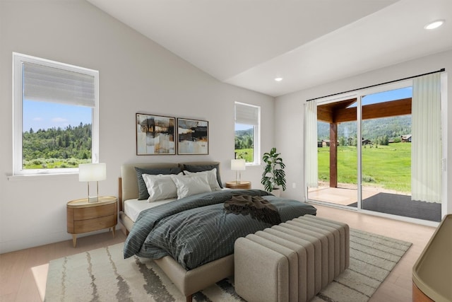 30350 Hostler Dr, Oak Creek, CO 80467 - bedroom featuring access to exterior, multiple windows, wood finished floors, recessed lighting, and lofted ceiling