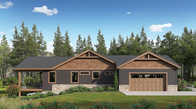 30350 Hostler Dr, Oak Creek, CO 80467 - craftsman inspired home featuring stone siding, a front lawn, and an attached garage