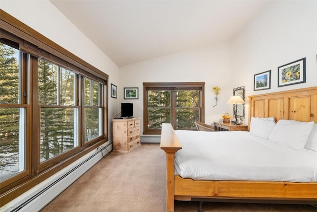 bedroom with a baseboard radiator, lofted ceiling, carpet flooring, and multiple windows