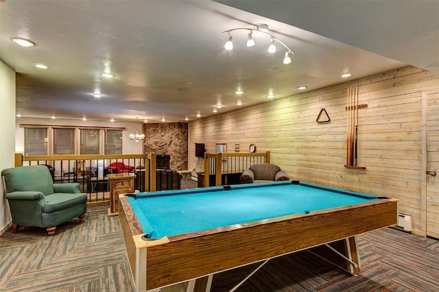 game room featuring recessed lighting, carpet flooring, wooden walls, and billiards