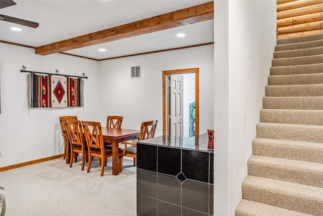 carpeted dining room featuring stairway, baseboards, recessed lighting, ceiling fan, and beamed ceiling