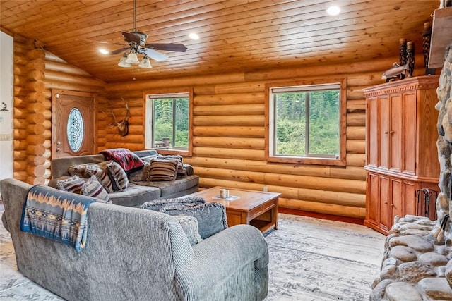 living area with ceiling fan, recessed lighting, wood ceiling, and log walls