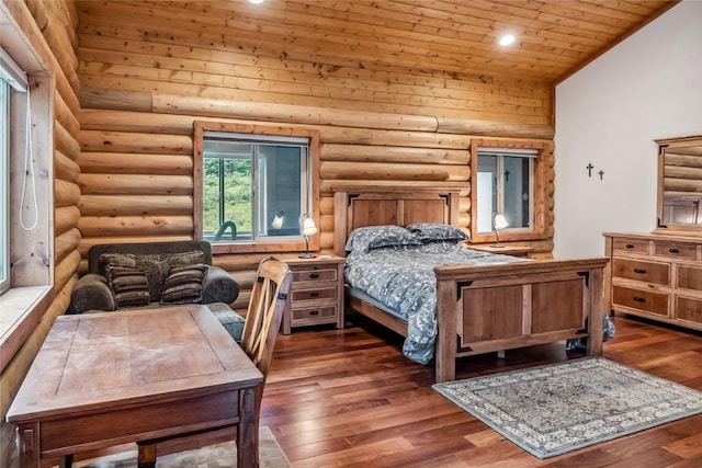 bedroom with wooden ceiling, log walls, wood finished floors, recessed lighting, and vaulted ceiling