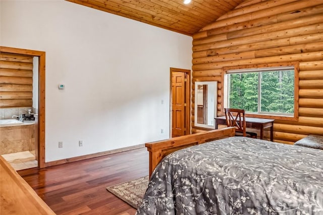 bedroom with wood finished floors, high vaulted ceiling, wooden ceiling, rustic walls, and baseboards