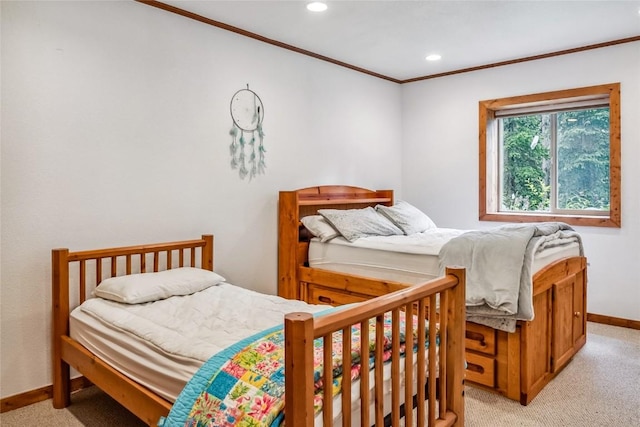bedroom with light carpet, baseboards, recessed lighting, and ornamental molding