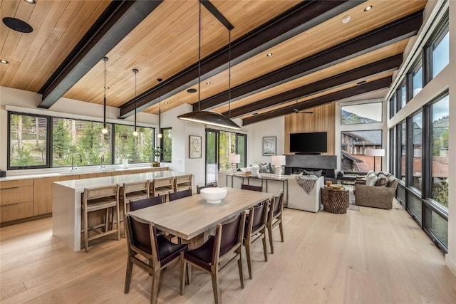 214 Windflower Ln, Frisco, CO 80443 - dining area featuring light wood-type flooring and wooden ceiling