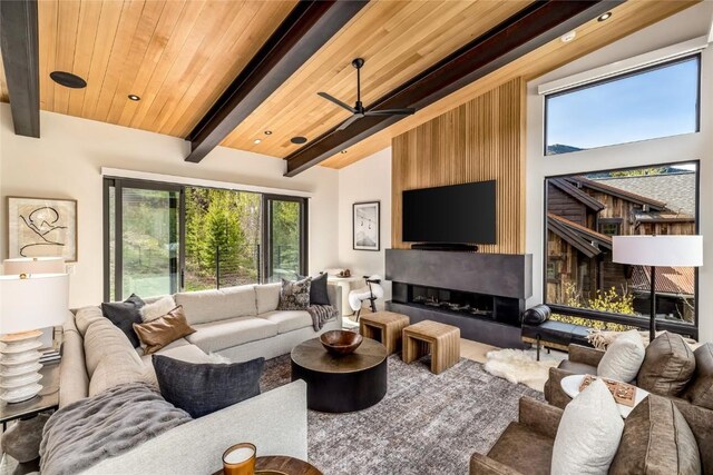 214 Windflower Ln, Frisco, CO 80443 - living room with ceiling fan and wooden ceiling