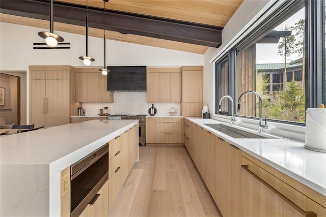 214 Windflower Ln, Frisco, CO 80443 - kitchen with stainless steel appliances, light brown cabinetry, modern cabinets, a sink, and range hood