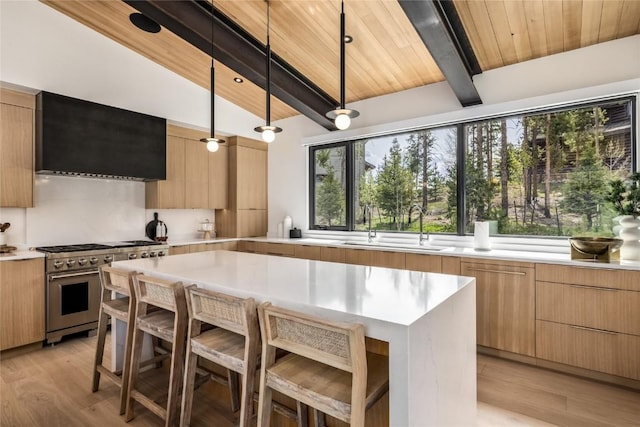 214 Windflower Ln, Frisco, CO 80443 - kitchen with modern cabinets, a sink, stainless steel range, light countertops, and wooden ceiling