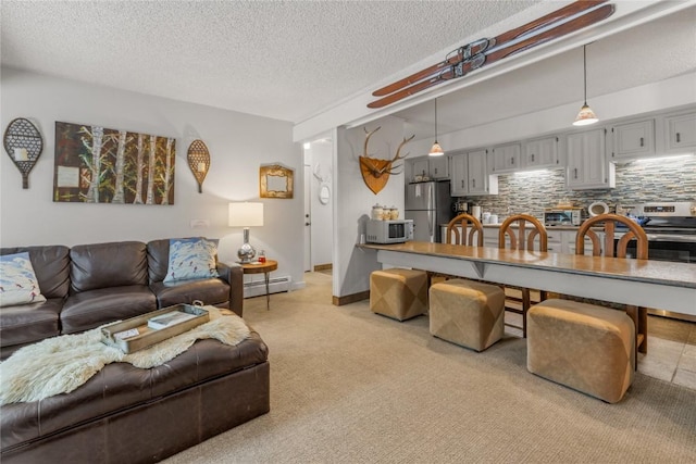 1179 Ski Hill Rd Unit 147, Breckenridge, CO 80424 - living area featuring a textured ceiling, a baseboard heating unit, light carpet, and a toaster