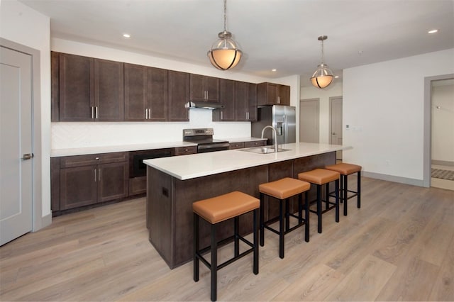 37 W 4th St Unit 201E, Silverthorne, CO 80498 - kitchen featuring appliances with stainless steel finishes, under cabinet range hood, light wood-type flooring, dark brown cabinets, and light countertops