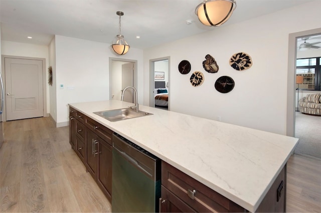 37 W 4th St Unit 201E, Silverthorne, CO 80498 - kitchen with dishwasher, light wood-style floors, decorative light fixtures, dark brown cabinetry, and recessed lighting